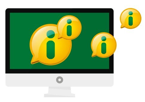 Desenho de um monitor de computador de onde saem vários balões de fala amarelos, de tamanhos variados, cada um com uma letra "i" na cor verde dentro deles; Este balão é o símbolo da Lei de Acesso à Informação, a LAI.