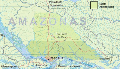 Imagem mostra o mapa do Distrito Agropecuário da Suframa, que abrange áreas dos municípios de Manaus e Rio Preto da Eva.