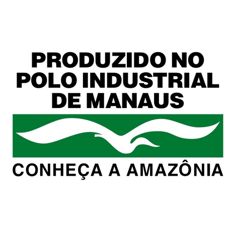 Imagem do selo que acompanha os produtos feitos no Polo Industrial de Manaus, que é formado pelas inscrições "Produzido no Polo Industrial de Manaus" e "Conheça a Amazônia", tendo, ao centro, uma garça branca sobre um fundo retangular verde.