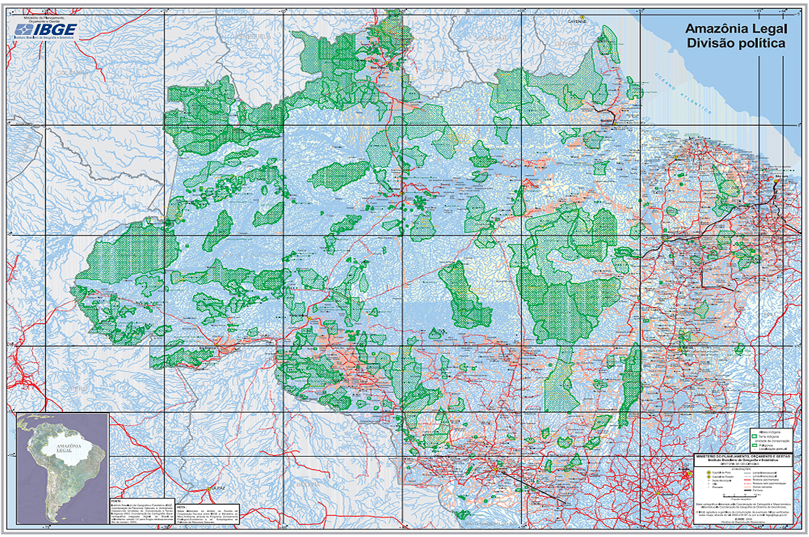 Mapa da Amazônia Legal, com destaque para a Amazônia brasileira, elaborado pelo IBGE.