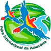 Símbolo criado para identificar a primeira edição da Feira Internacional da Amazônia, mostra um casal de araras voando sobre um globo em tons de verde e azul.