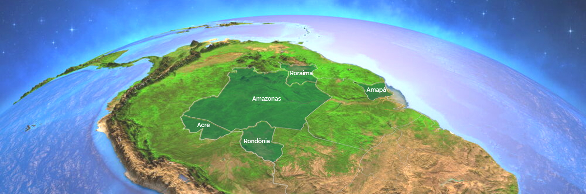 Imagem de satélite da América do Sul com área de abrangência da Suframa (estados do Acre, Amapá, Amazonas, Rondônia e Roraima) em destaque.
