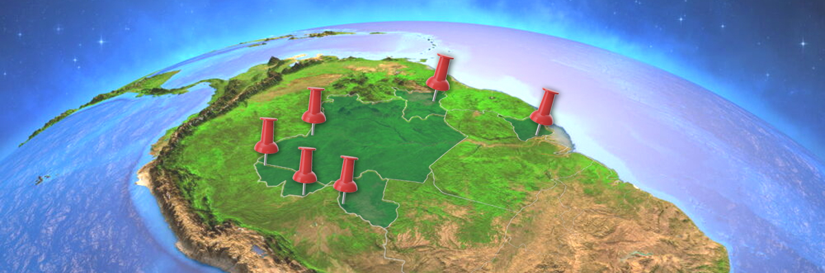 Imagem de satélite da América do Sul com PINs indicando a localização de cada Área de Livre Comércio