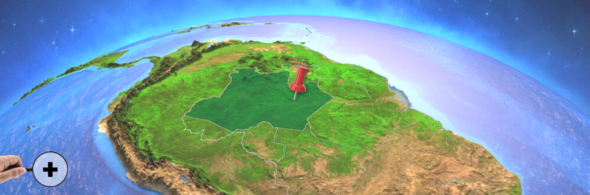 Imagem mostra imagem de satélite da América do Sul, com um pin mostrando a localização da Zona Franca de Manaus.
