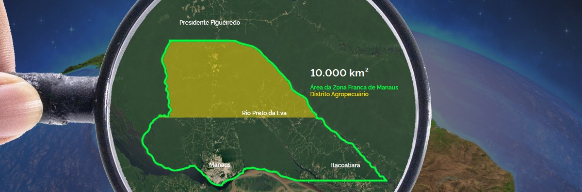 Imagem de uma lupa sobre a América do Sul, mostrando a localização da Zona Franca de Manaus e seus limites geográficos