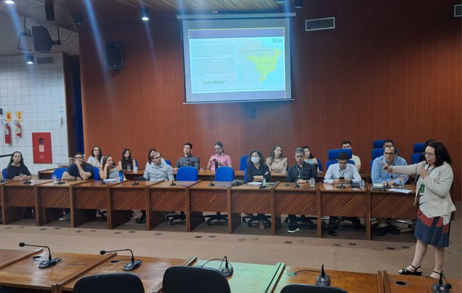 Foto mostra mulher com microfone na mão proferindo uma palestra