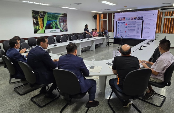 Foto mostra um grupo pessoas sentadas numa reunião por videoconferência
