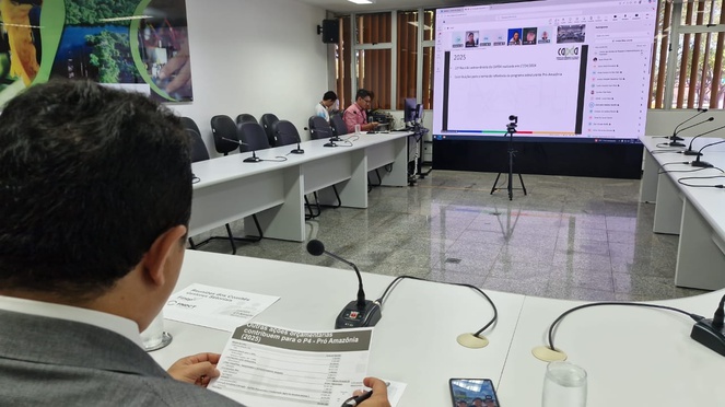 Foto mostra homens sentados numa reunião por videoconferência