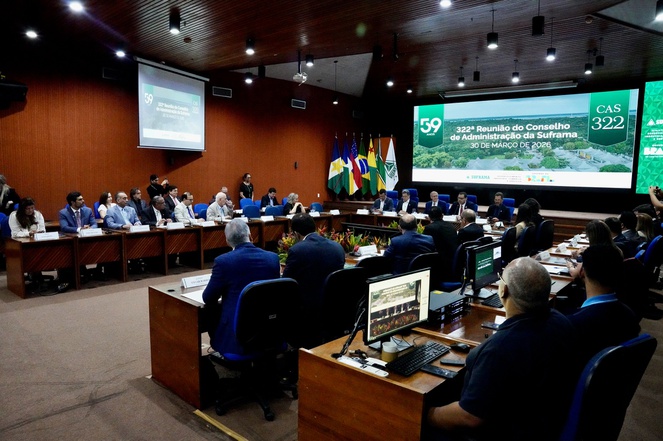 Foto mostra reunião em um auditório com várias pessoas e um telão como apoio