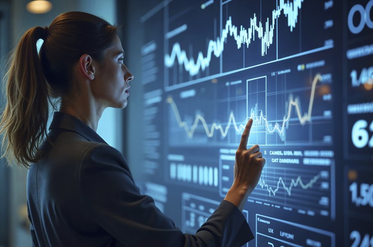 Foto mostra mulher apontando para telões com imagens de tecnologia 4.0