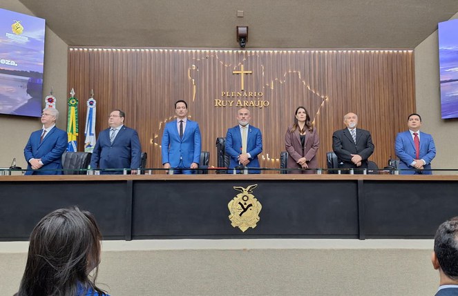 Foto mostra pessoa em pé durante o Hino Nacional