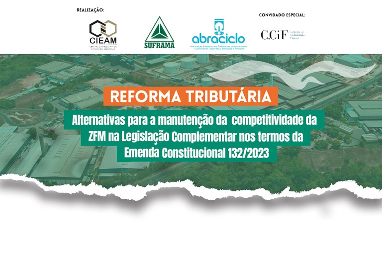 Imagem aérea do Polo Industrial de Manaus com a logo do evento por cima