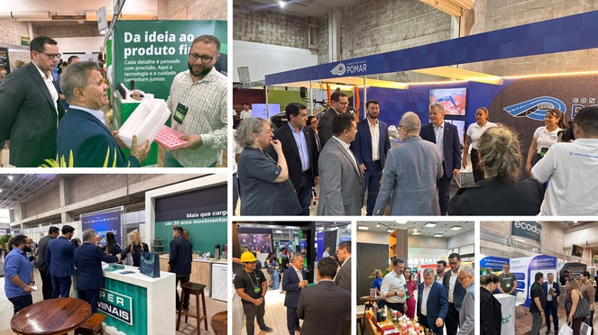 Imagem mostra uma montagem de fotos de pessoas visitando estandes em uma feira de tecnologia