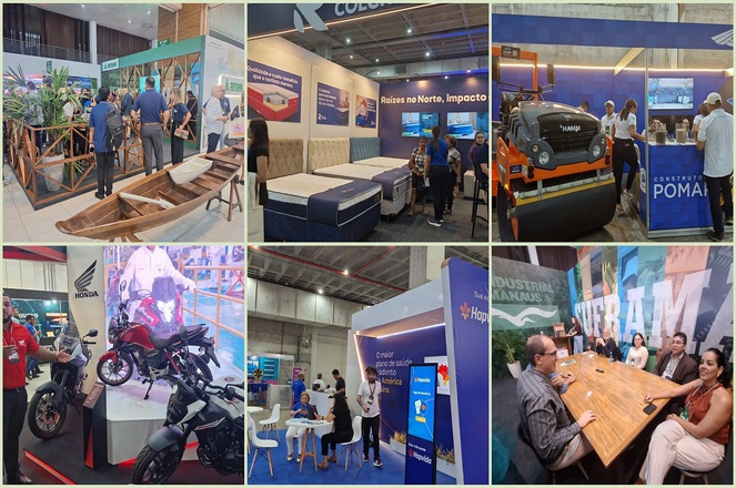 Foto mostra momentos em uma feira de negócios e tecnologia