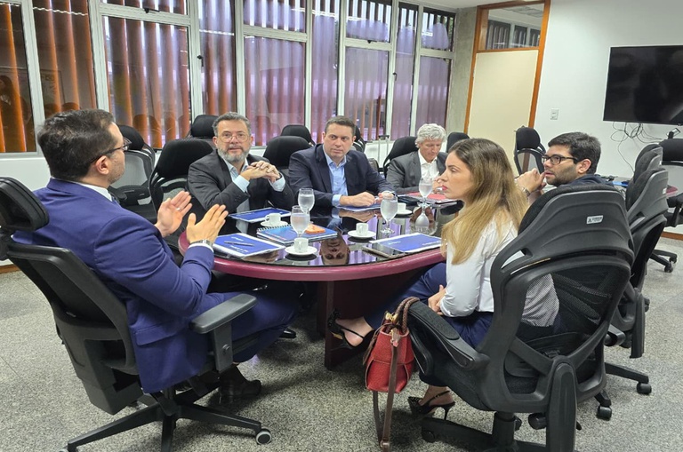 Pessoas reunidas sentadas em uma mesa de reunião oval