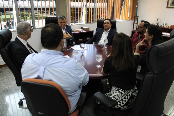 Foto mostra participantes de uma reunião entre Suframa e INPI, com o superintendente da Autarquia (de terno azul marinho e se pronunciando) se pronunciando