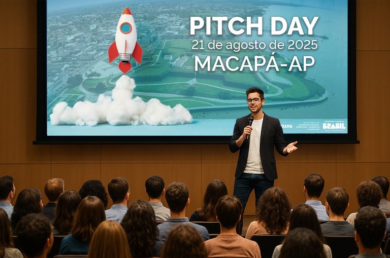 Homem de camiseta e blazer discursa no palco de um auditório para uma plateia lotada