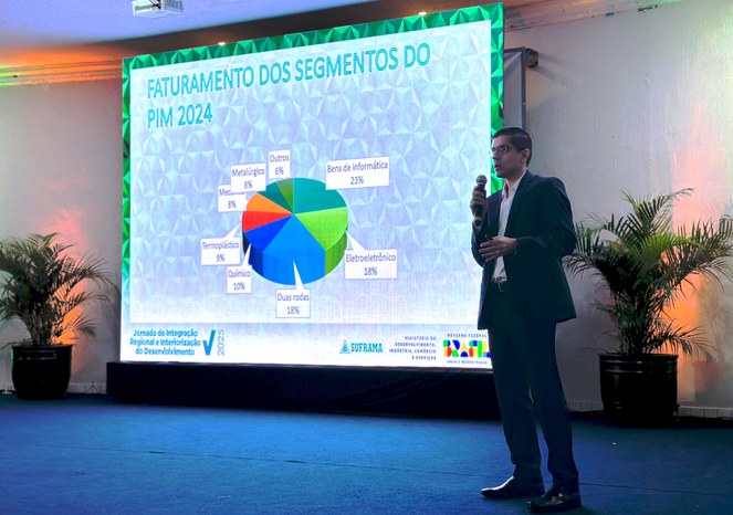 Foto mostra homem falando com microfone na mão e um grande painel ao fundo