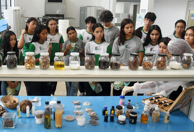 Foto mostra um grupo de alunos observando alguns experimentos em um laboratório