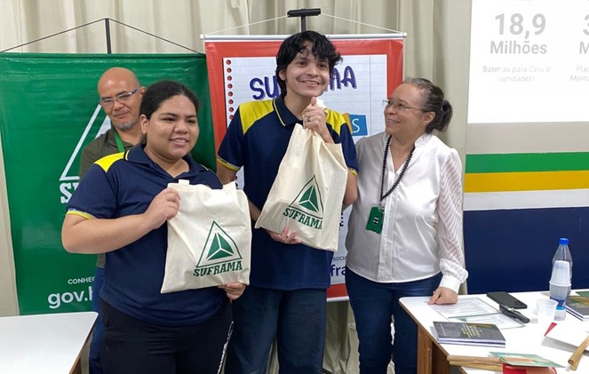 Foto mostra dois adolescentes segurando sacolas brancas