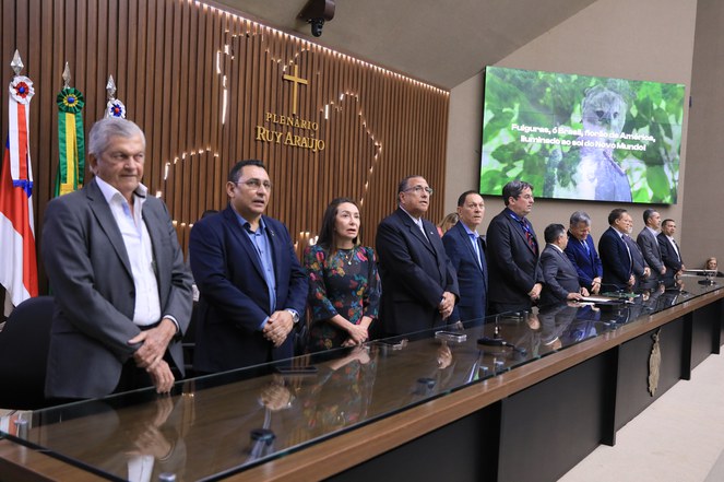 Foto mostra personalidades enfileiradas durante sessão solene