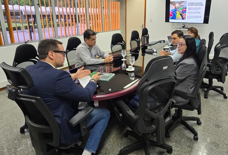 Foto mostra pessoas em reunião numa sala com um telão ao fundo como apoio