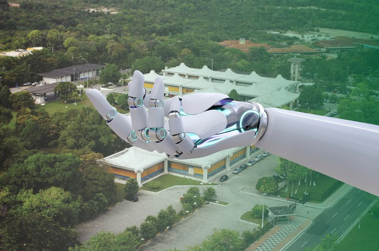 Foto mostra mão produzida por Inteligência Artificial, com prédio ao fundo 