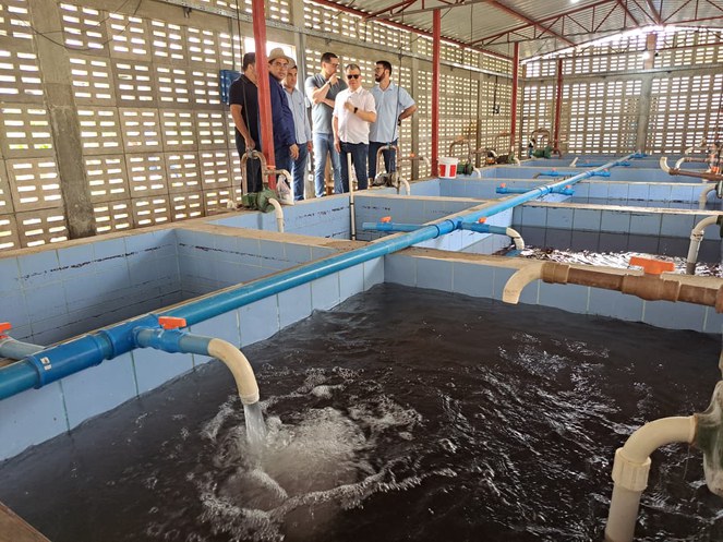 Foto mostra tanques de água com homens observando