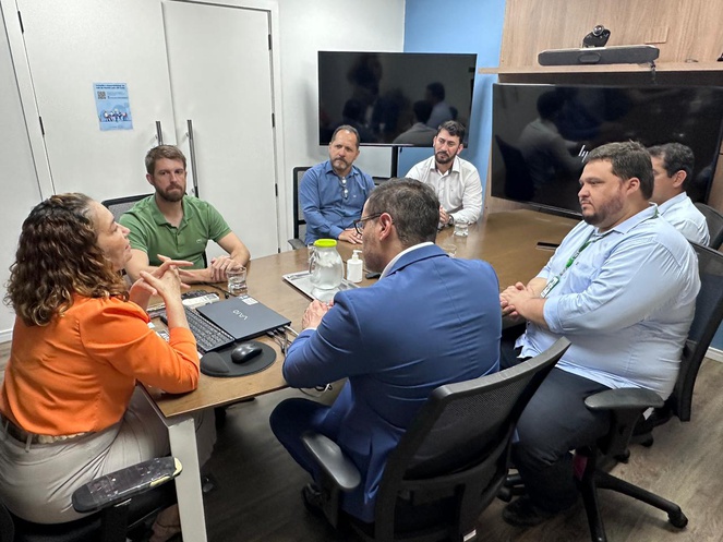 Foto mostra pessoas sentadas à mesa numa reunião, com um telão ao fundo