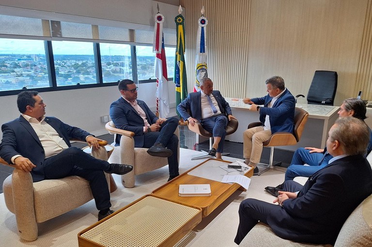 Foto mostra pessoas reunidas em uma sala com bandeiras e uma vista aérea da cidade 