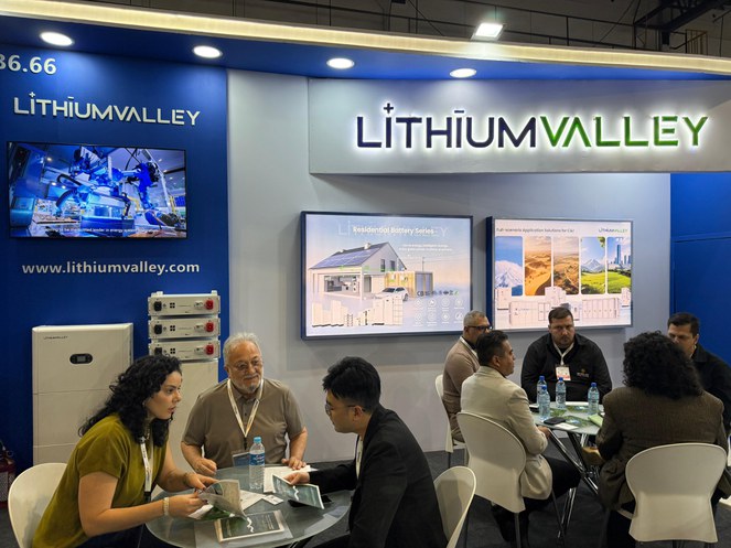 Foto mostra mulher vestida de blusa verde musgo mostrando um folder a um homem de blazer escuro