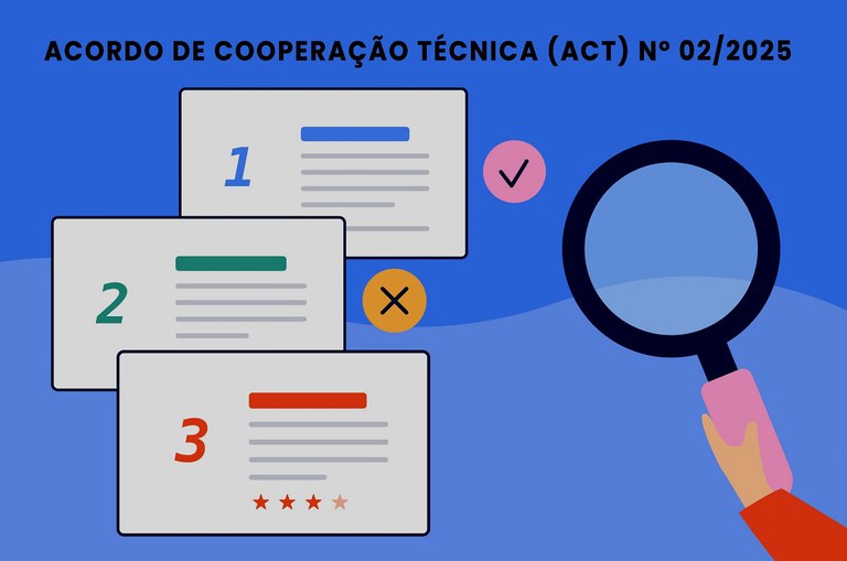 Foto mostra uma arte com desenho de uma mão segurando uma lupa