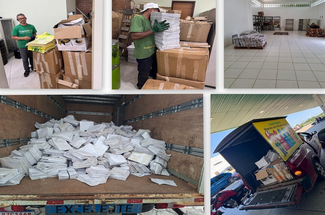 Foto mostra grupo de pessoas fazendo coleta seletiva de papel