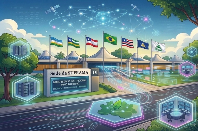 Foto mostra uma arte gerada por IA com bandeiras, elementos tecnológicos e a imagem de um imóvel