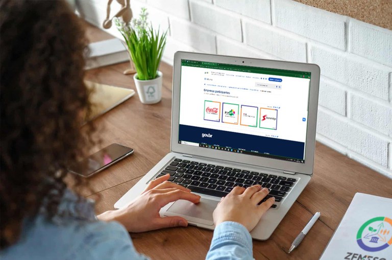 Foto mostra uma pessoa operando um notebook, com um pequeno vaso com planta ao fundo