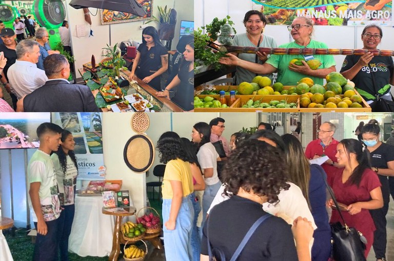 Foto mostra pessoas visitando uma feira com produtos agrícolas