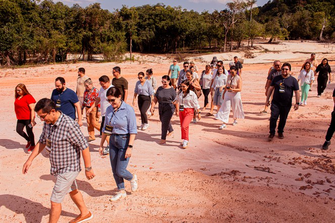 Foto mostra pessoas andando numa área de floresta