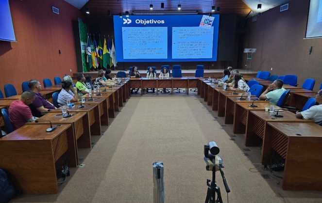 Foto mostra reunião em um auditório, com telão como apoio