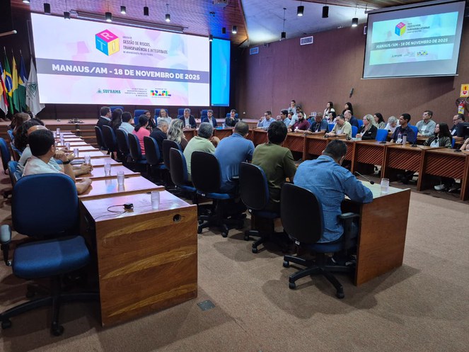 Foto mostra reunião em auditório com telão como apoio