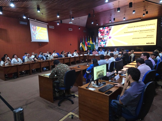 Foto mostra pessoa em evento com apoio de telões