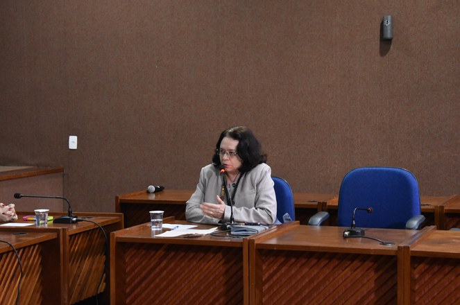 Foto mostra uma mulher de blazer cinza e óculos falando ao microfone