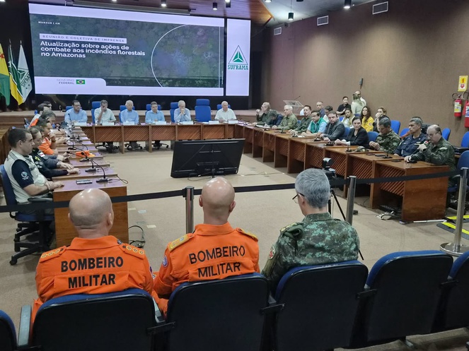 Foto mostra pessoas numa reunião com um telão como apoio