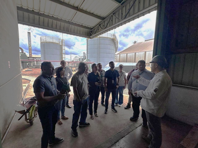 Foto mostra pessoas ouvindo uma explicação de homem com capacete