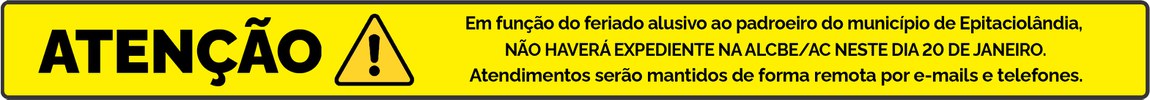 Banner de aviso com letras pretas sobre um fundo amarelo, informando que não haverá expediente na unidade da Suframa em Brasileia/Epitaciolândia no dia 20 de janeiro de 2026
