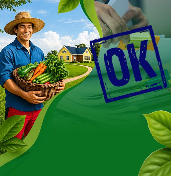 Arte com agricultor segurando uma cesta de verduras e um carimbo de OK