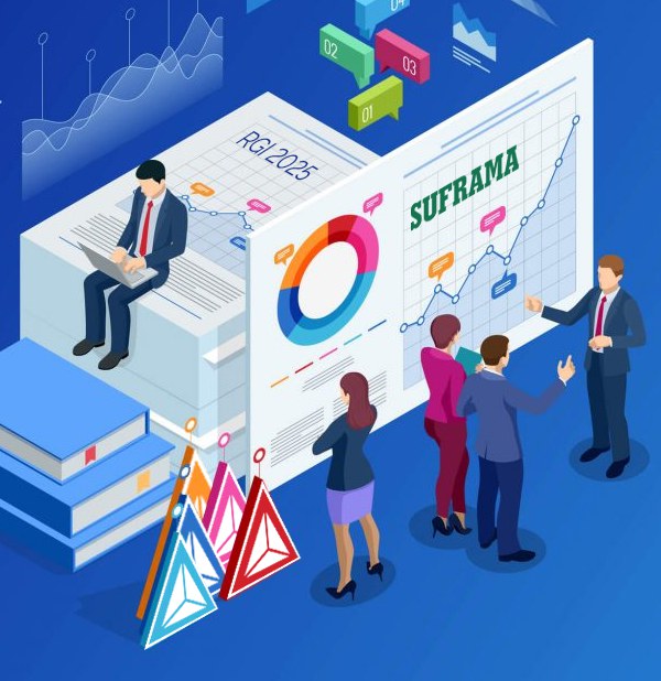 Ilustração mostra uma série de gráficos e livros