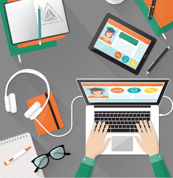 Desenho de uma mesa de trabalho, com computador e livros