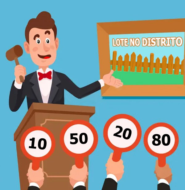 Desenho mostrar um homem com martelo na mão, simulando um leilão