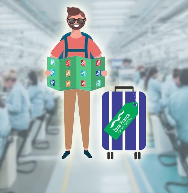 Ilustração de um turista ao lado de uma mala de viagem onde se lê 'Zona Franca de Portas Abertas',