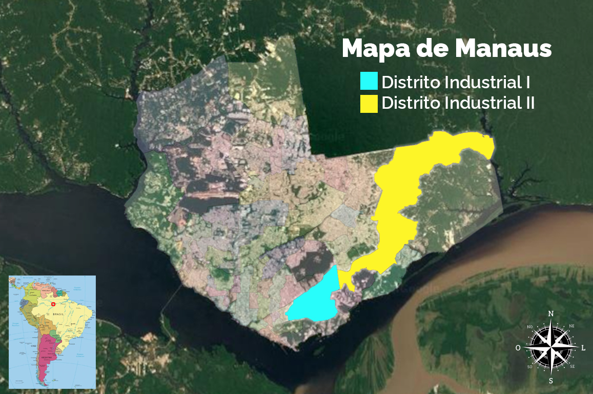 Imagem mostrando a localização do Distrito 1 e do Distrito 2 em Manaus